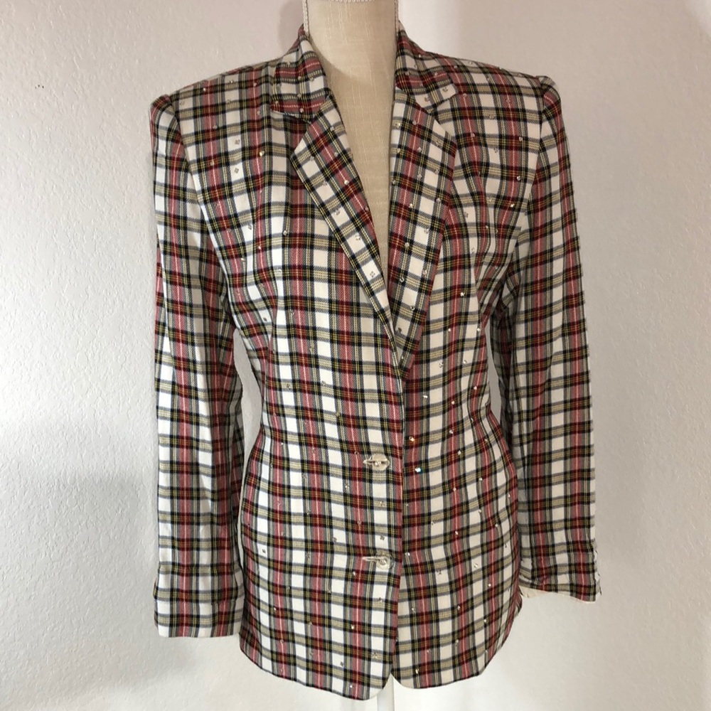 Vintage 80’s  Criscione plaid rhinestone blazer red green medium
